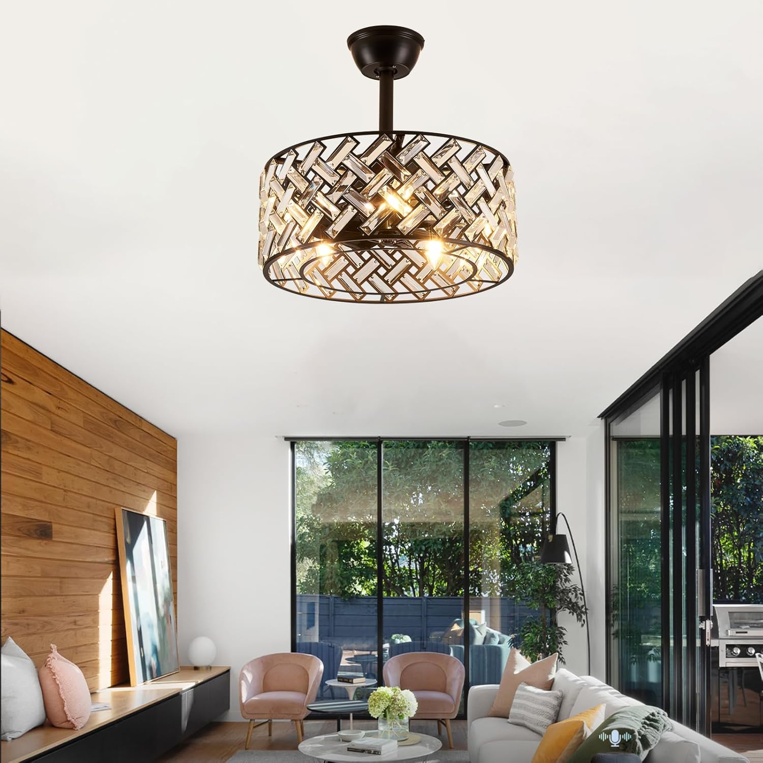 18'' Crystal Cage Ceiling Fan With Remote Control ,Quiet  Motor Fan Light ,, Indoor Crystal Chandelier Ceiling Fan For Bedroom, Living room, Dinning Room, Kids Room--Matte Black (bulbs not included.)