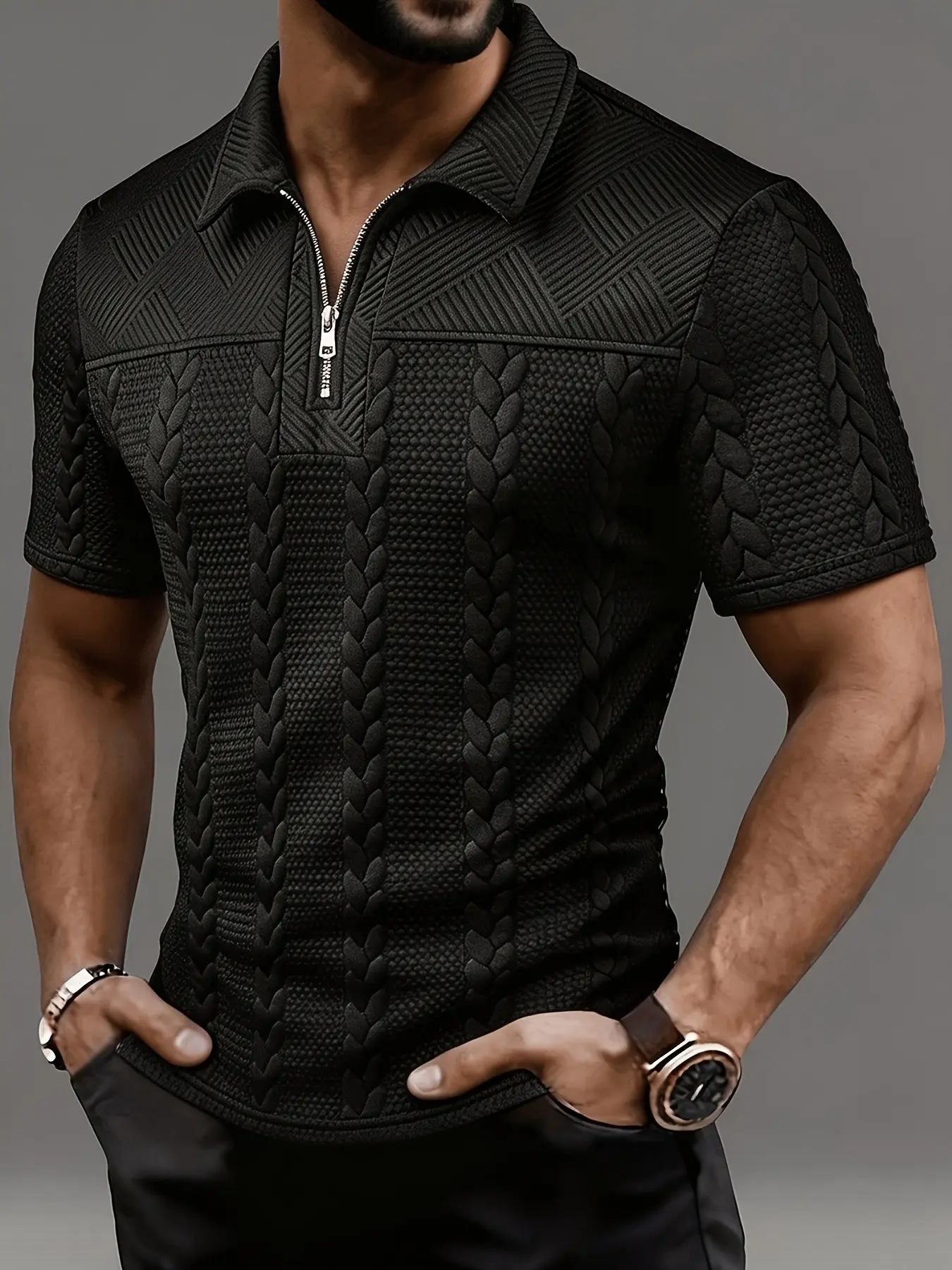 1Pc Men's Half Zip Collared Short Sleeve Polo Shirts, Top Menswear, Light Luxury Casual Style, Spliced 3D Cable Jacquard Fabric, Front Metal Half Zipper Placket, Contrast Textured Lapel, Slim Stretch Fit, For Business Commute & Holiday Travel