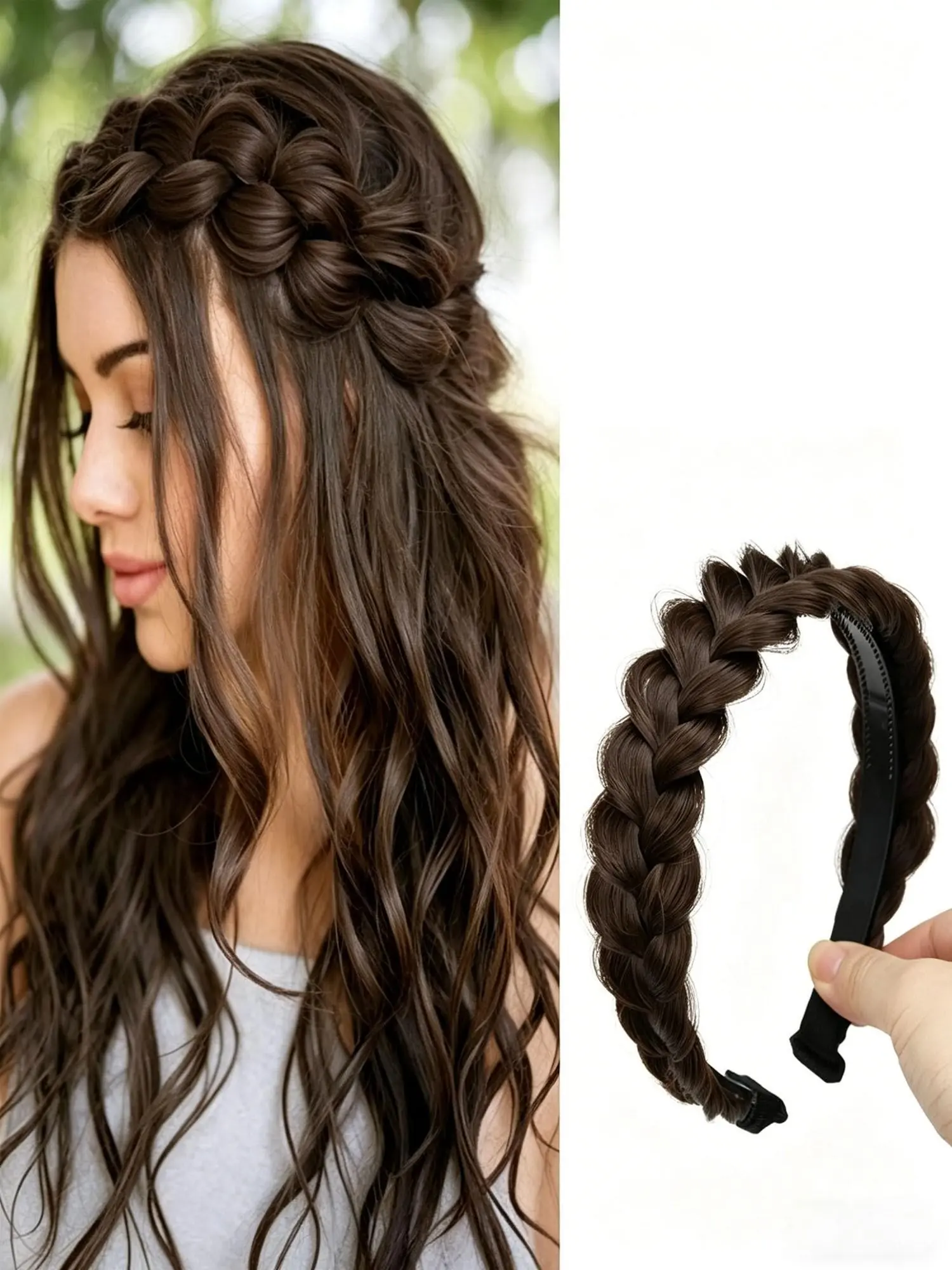 Braided Headbands for Women, Synthetic Hair Hoops, Handmade Braid Hairband, Elastic Stretch Headwrap, Dark Chocolate Color