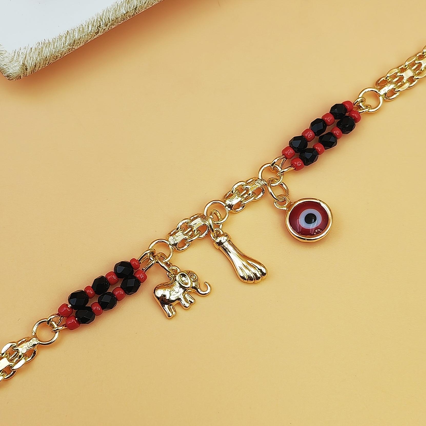 Boho Red & Black Beaded Elephant Charm Bracelet - 1 Golden Plated Golden-Plated Copper Devil's Eye Symbol, Elephant Pendant for Parties, Music Festivals, Bohemian Gift for & (Year-Round Wear)