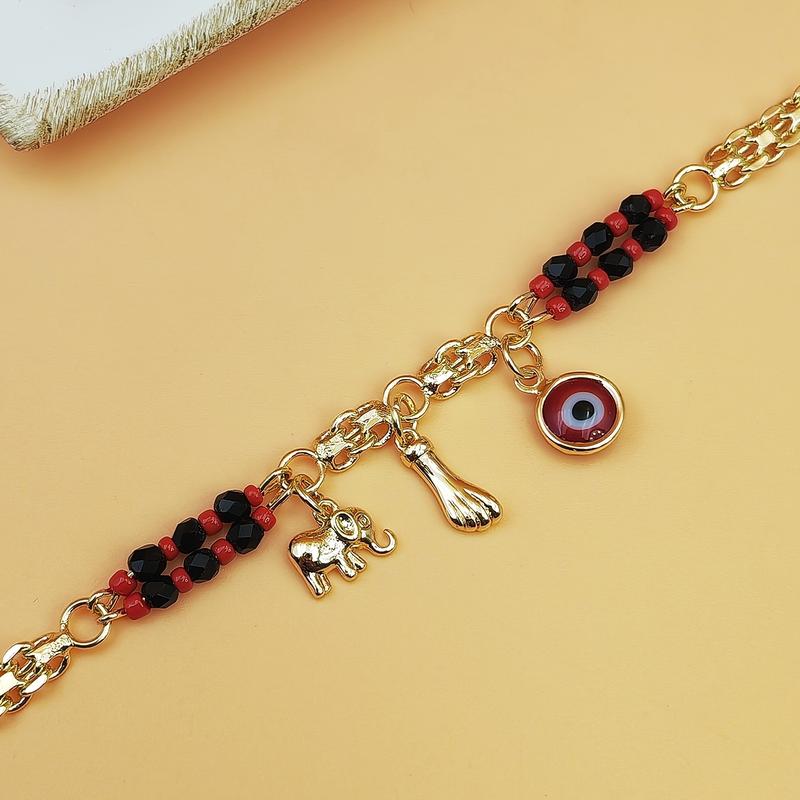 Boho Red & Black Beaded Elephant Charm Bracelet - 1 Golden Plated Golden-Plated Copper Devil's Eye Symbol, Elephant Pendant for Parties, Music Festivals, Bohemian Gift for & (Year-Round Wear)