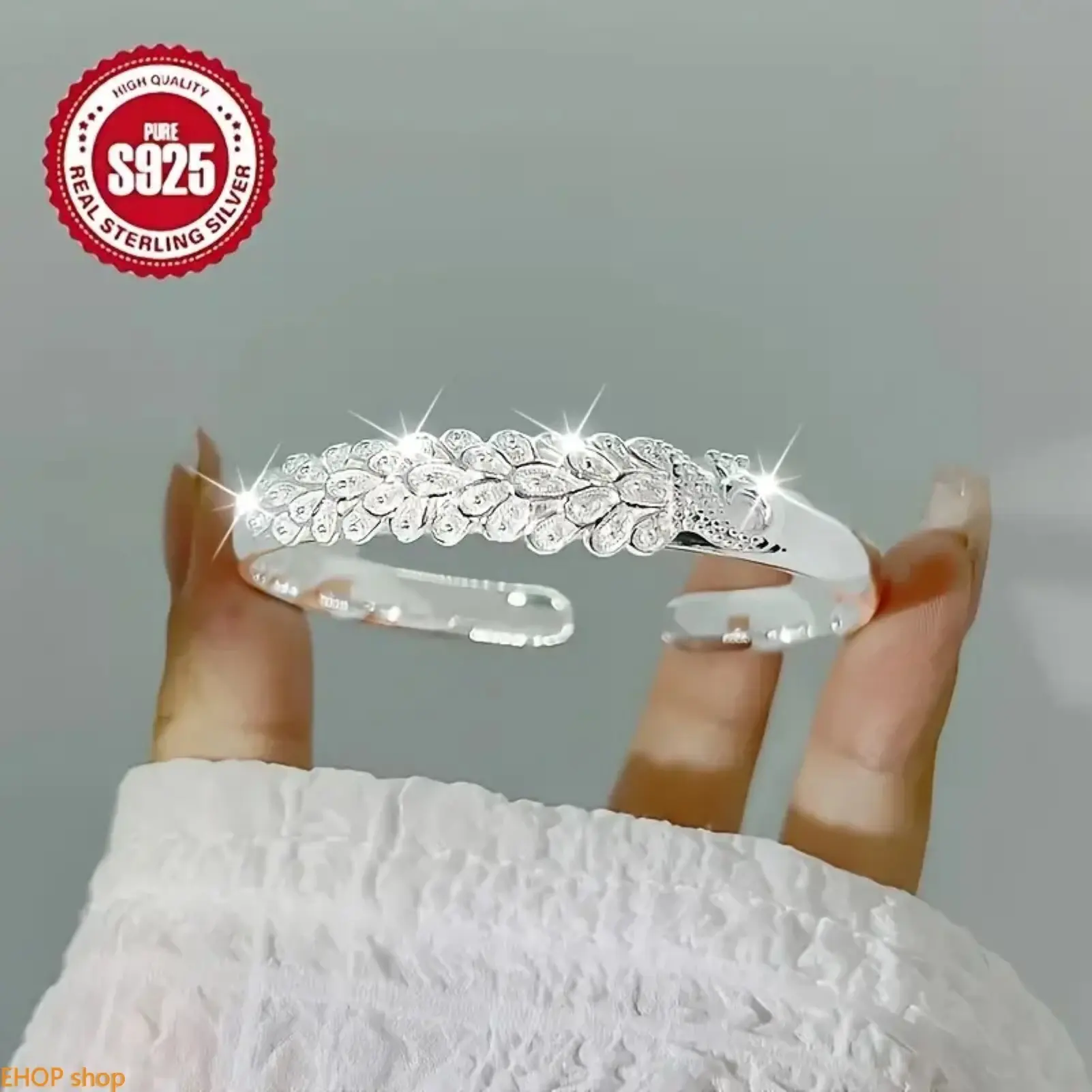 925 Silver Hypoallergenic Open Cuff Bracelet Embossed Peacock Adjustable Fashion Bangle Versatile Jewelry For Daily Wedding Beach Vacation Thanksgiving Gift For Couples Best Friends