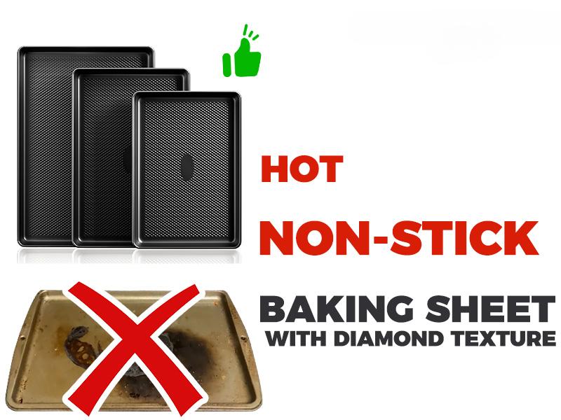 Cookie Sheets for Baking Nonstick  Baking Sheet Pan Set of 3, Half/Quarter/Jelly Roll Pan for Oven with Diamond Texture Pattern, 57% Thicker Carbon Steel Cookie Trays, Black