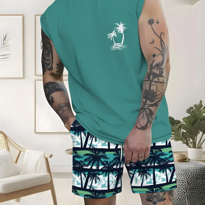 Men's Sleeveless Tropical Printed Beach Shorts Set, Summer Cool Casual Sports Wear Menswear, Breathable Comfort Couple Swimwear Matching Sets