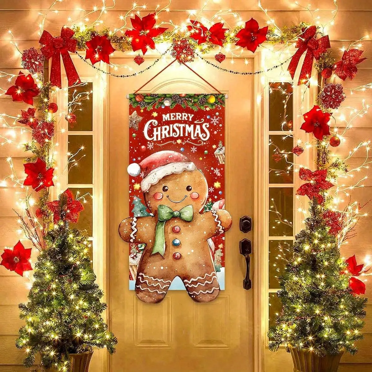 Christmas Theme Banner, Hat-Wearing Gingerbread Man Design, Polyester Door Decor, Indoor Outdoor Party Decoration, Living Room, Restaurant