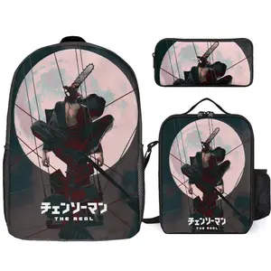 Chain-saw Anime Man Backpack Set, 3 Piece Backpack Set With Lunch Box Pen Box , High Capacity Bookbag Lunch Bag Pencil Case Workplace Travel