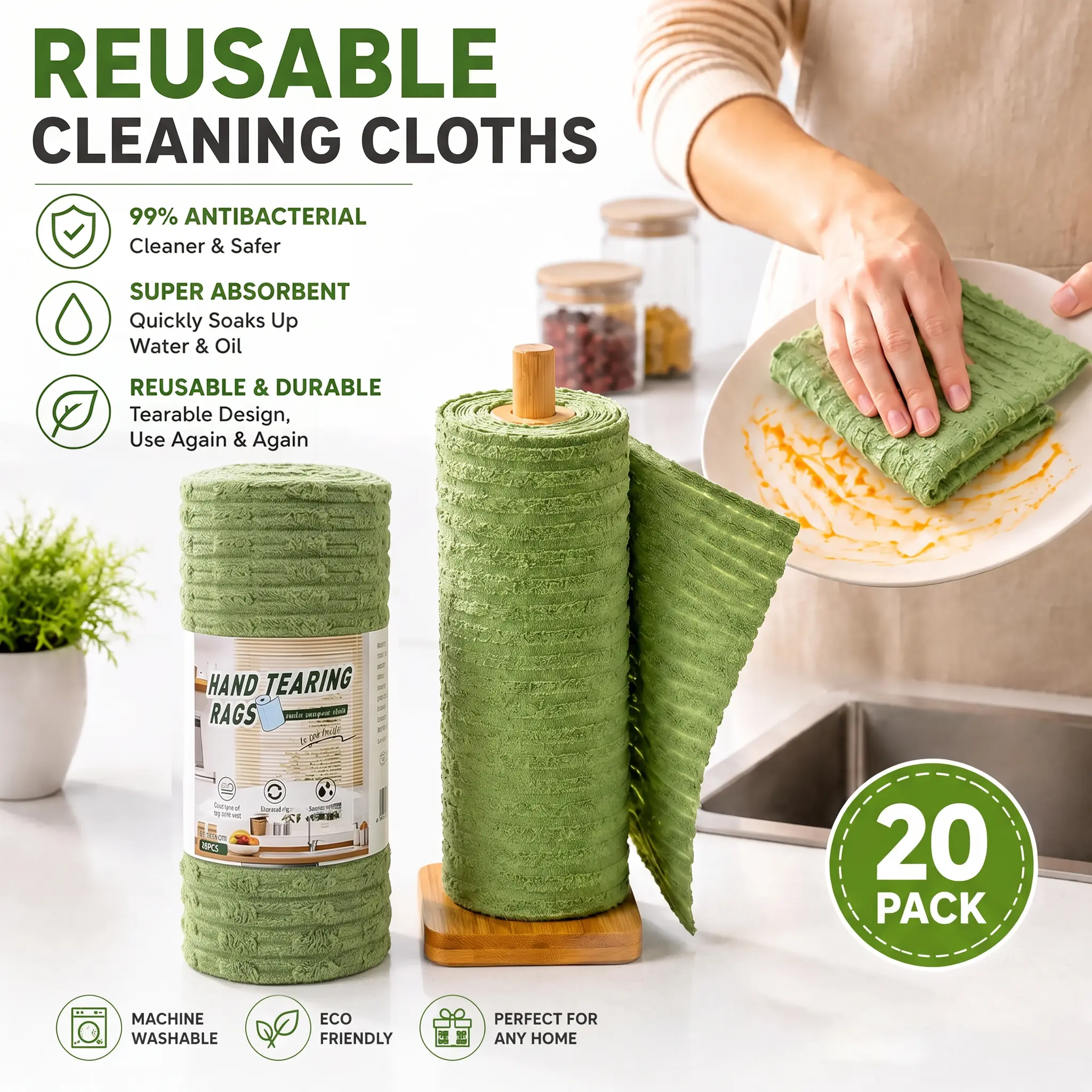 Tearable Reusable Plush Cleaning Cloth Roll – Upgraded Thickened, 20 Sheets/Roll, Weekly Disposable & Washable, Absorbent Household Towels for Tableware, Cooktop, Glass, Cabinet, Multi-Purpose Microfiber Cleaning Cloth for Kitchen, Bathroom, Car, Office