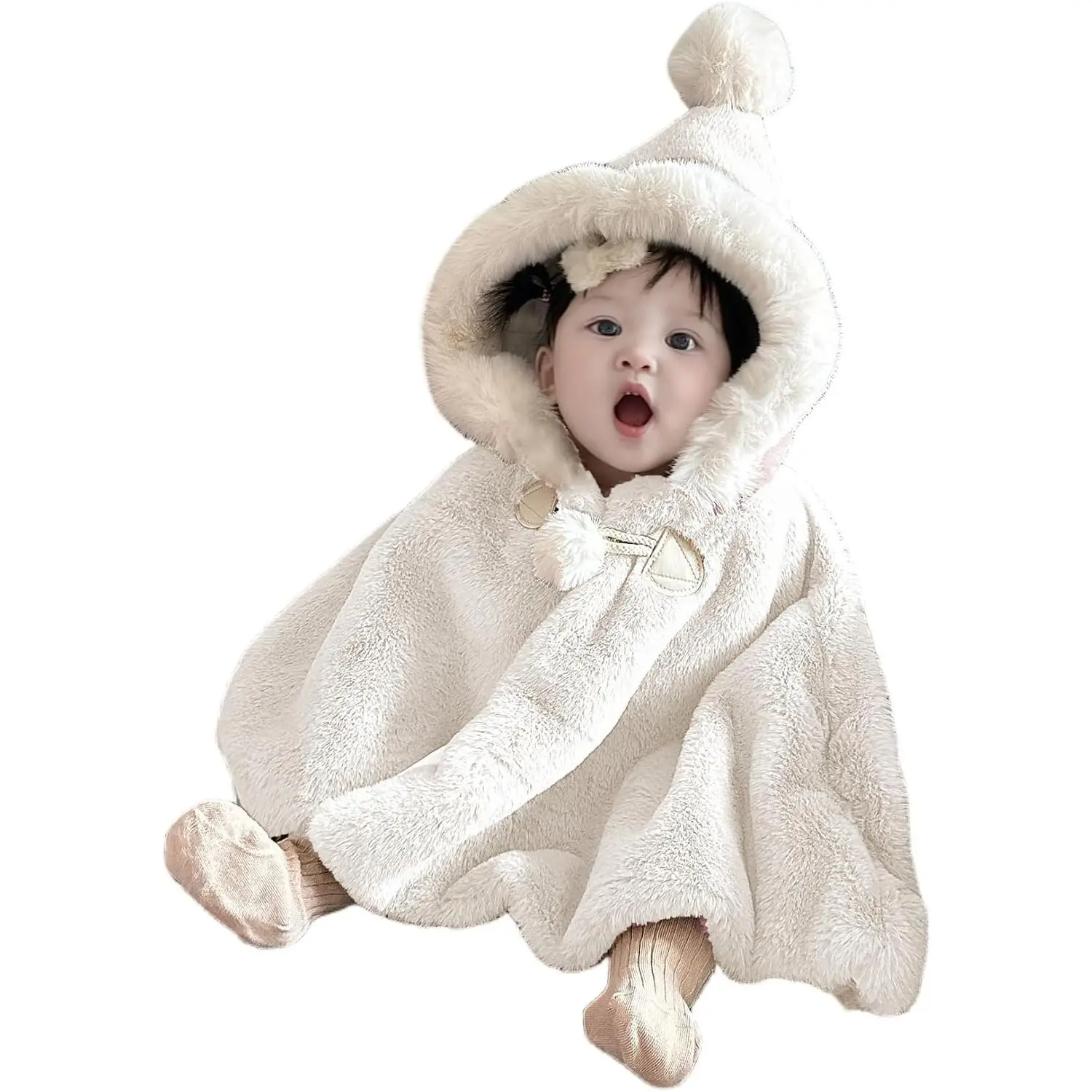 Baby Toddler Hooded Poncho Cape Cute Pompom Faux Fur Shawl Cloak Fuzzy Hoodie Jacket Coat for 1-3 Year Boys Girls