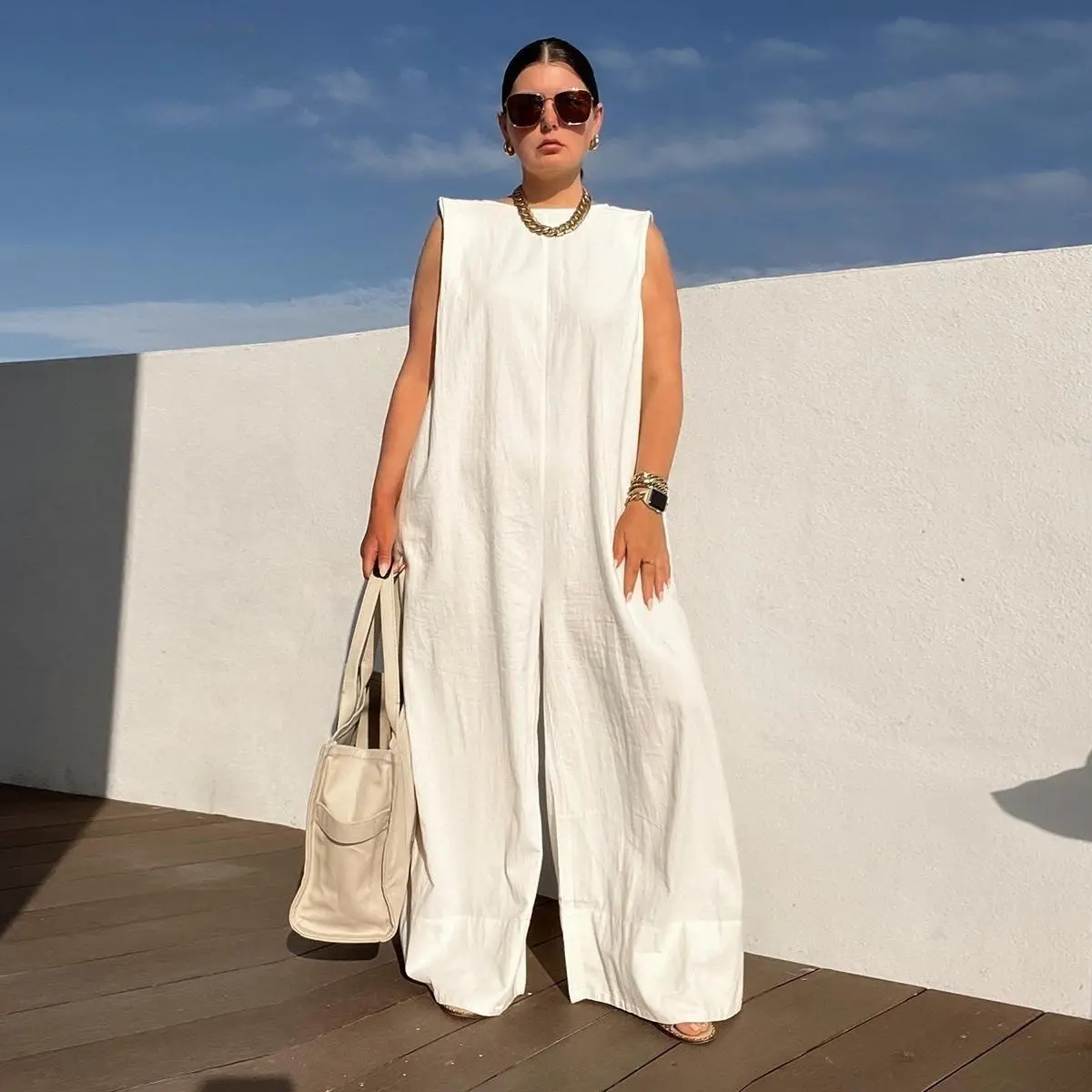 Women's Solid Basic Sleeveless Wide Leg Jumpsuit - 100% Cotton Spandex, Pockets, Shoulder Pads, Linen-Blend Touch, Plaid Accents, Fitted Shoulders, Flattering Cut, Flowy Stretch, Machine Washable, Casual Minimalist Womenswear,summerwins,summeroutfi