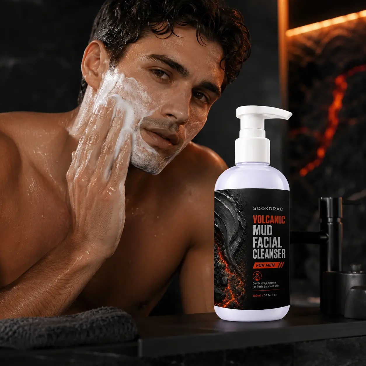Volcanic mud facial cleanser, gentle deep cleanse, fresh balanced skin, for face, for men, 300ml/10.14 fl oz