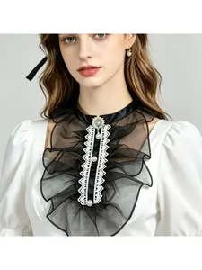 French elegant detachable collar for women - Organza sheer ruffled collar with rhinestone flowers, detachable stand-up collar
