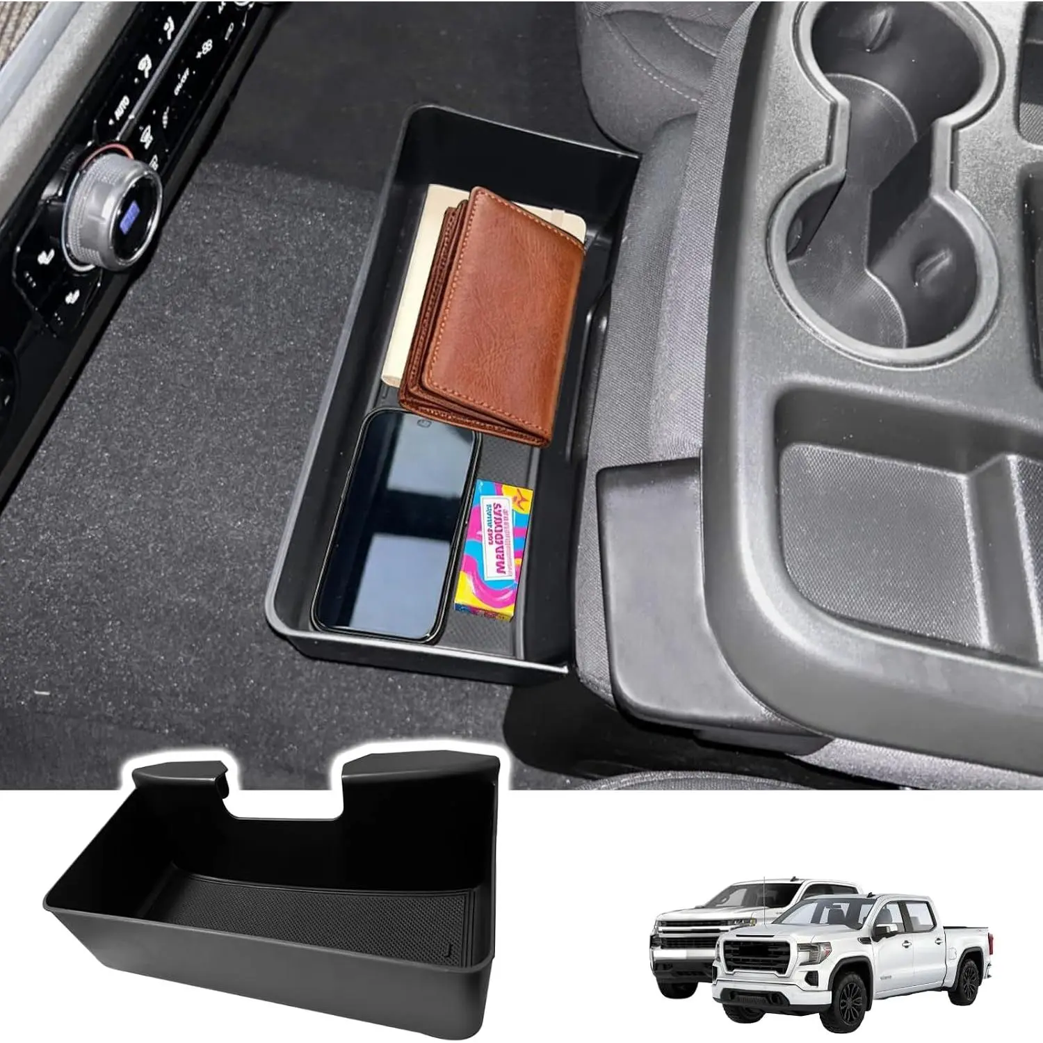 Floor Center Console Organizer for 2019-2026 Chevy Silverado/GMC Sierra| 1500 2500HD 3500HD Storage Accessories, Jump Seat Hanging Tray with Anti-Slip Mat, Large-Capacity Extra Compartment