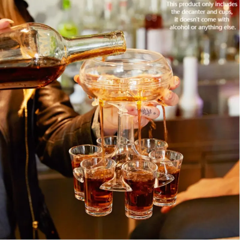 1 Set Wine Dispenser (1 Dispenser + 6 Cups), Transparent Cocktail Separator, Food-Grade for Bar, Party & Home Use, Includes 6 Wine Glasses, Wine Pot, Beer Pot, Stand & Bar Accessories, Practical Pourer
