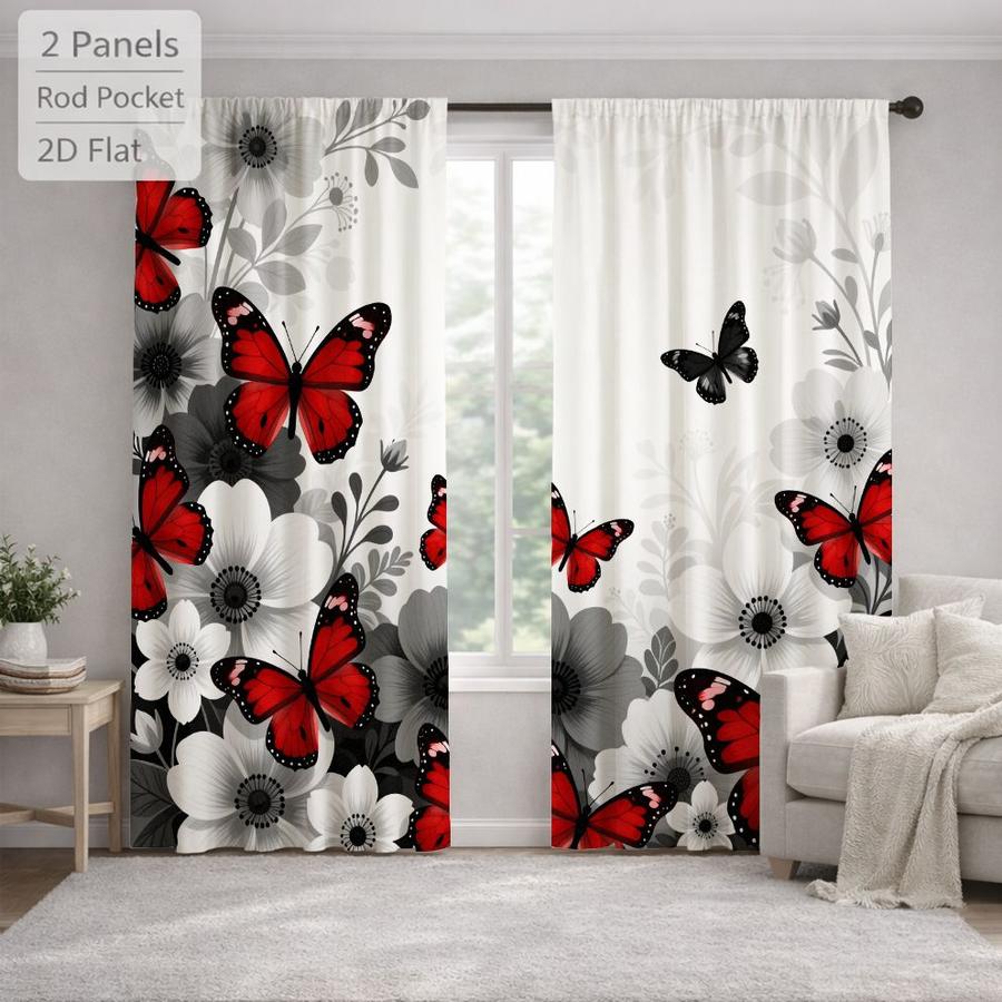 2Pcs Red Butterfly Floral Pattern Curtains Digital Printed Rod Pocket, Window Treatment For Bedroom Office Kitchen Living Room Study Home Decor