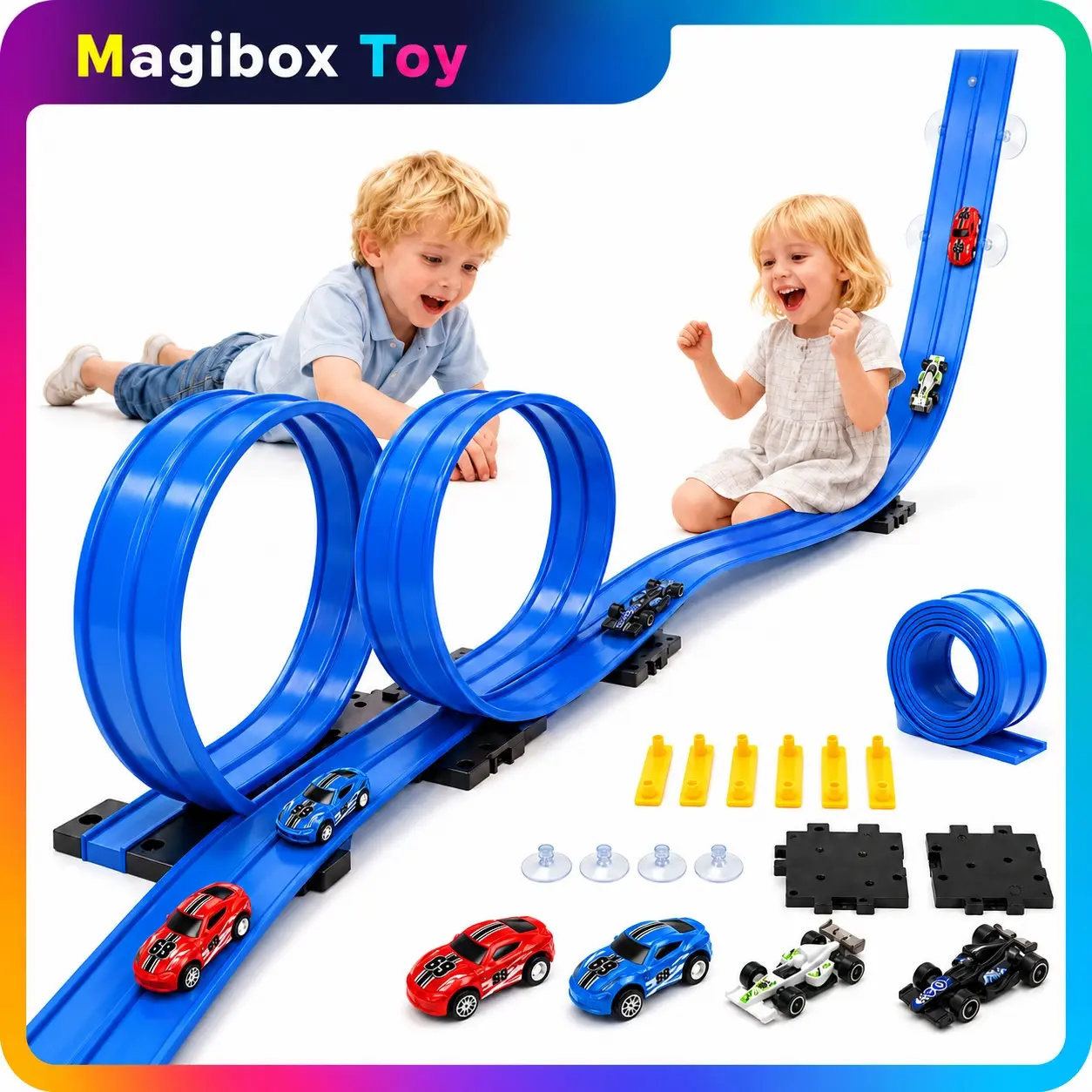 4 Cars 360° Loop Racing Track Toy Set, DIY Flexible Speed Track, Pull Back Cars, Suction Cups & Connectors, Indoor Outdoor Game for Kids Ages 3+