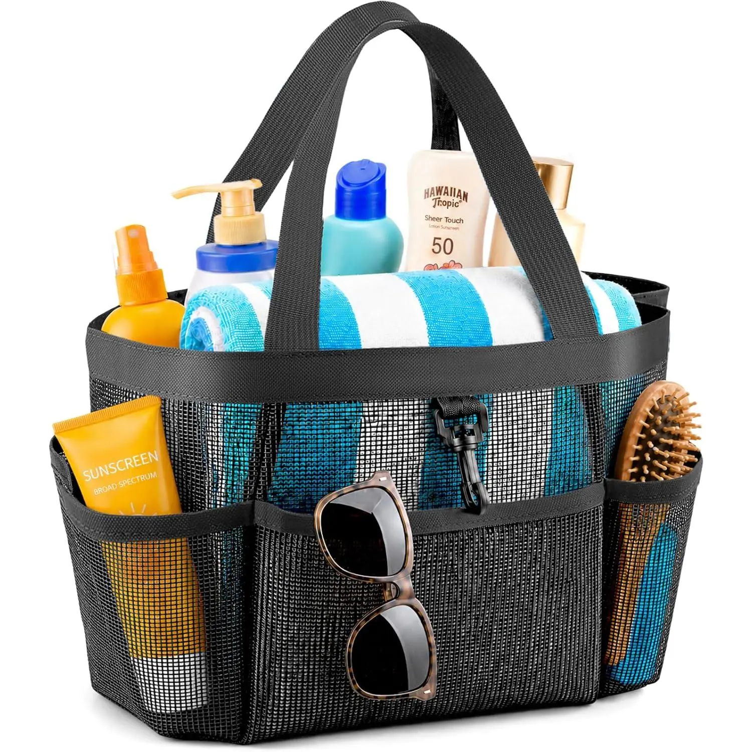 Mesh Shower  Portable for College Dorm Room Essentials with 8 Pockets, Shower Bag for Beach, Swimming, Gym, Travel, Bathroom(Black)