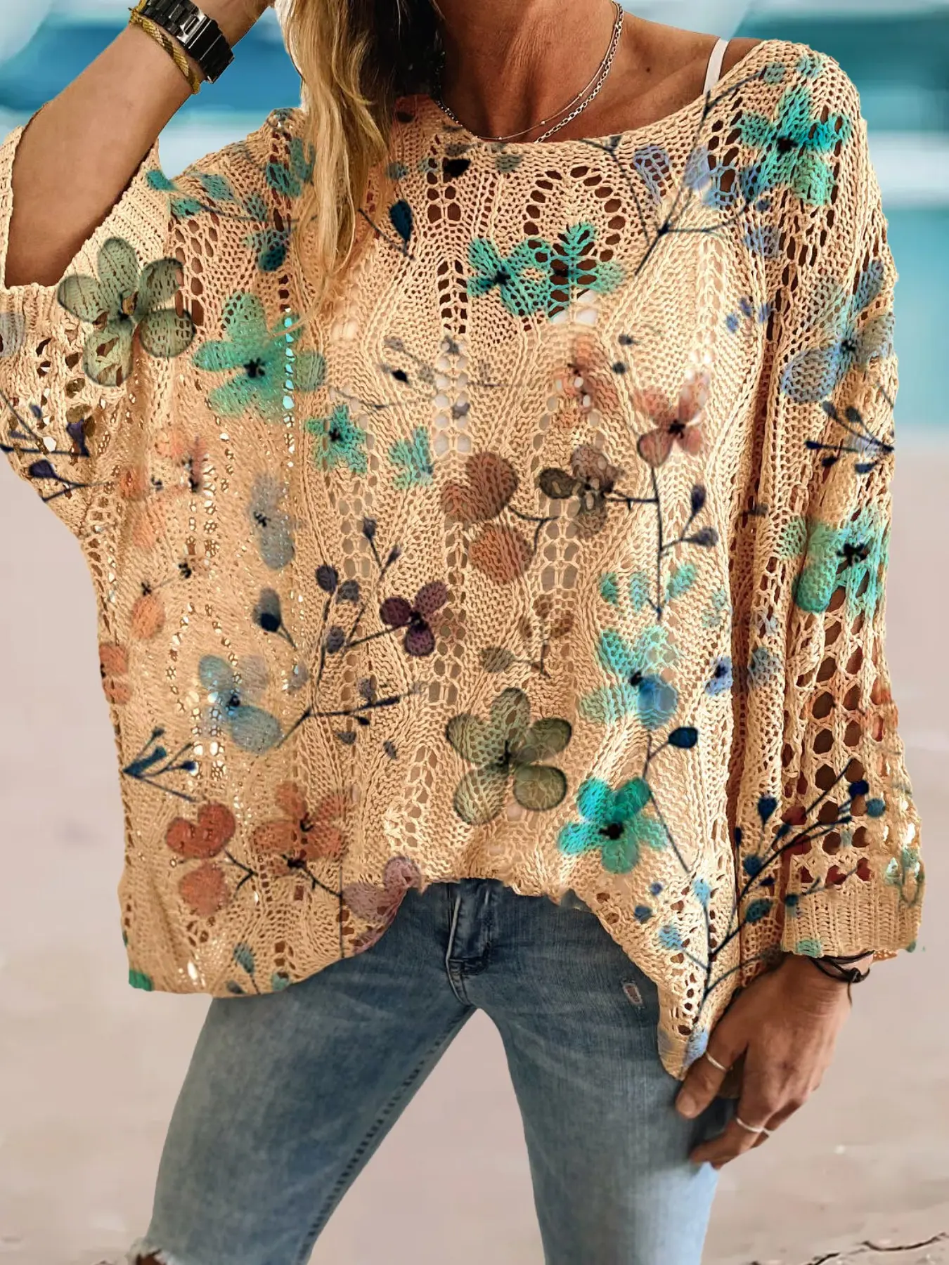 Women's Boho Style Sweater, Floral Print Long Sleeve Knit Top, Loose-Fitting Batwing Shoulder, Summer Vacation Fashion, Elegant Casual Wear
