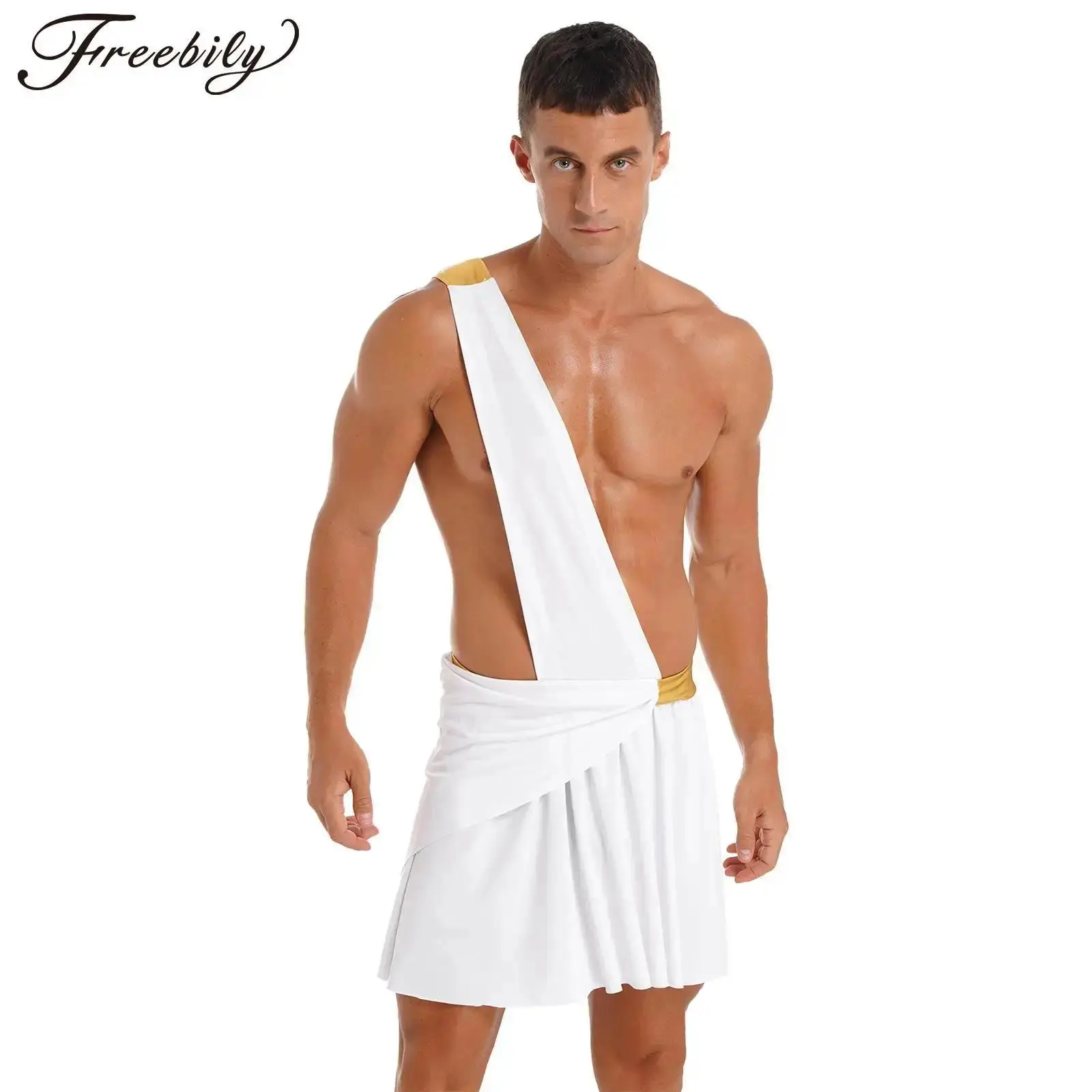 Men Halloween Theme Party Ancient Greek Roman God Zeus Mythology Cosplay Costume One Shoulder Ruffle Skirt Ancient Egypt Clothes