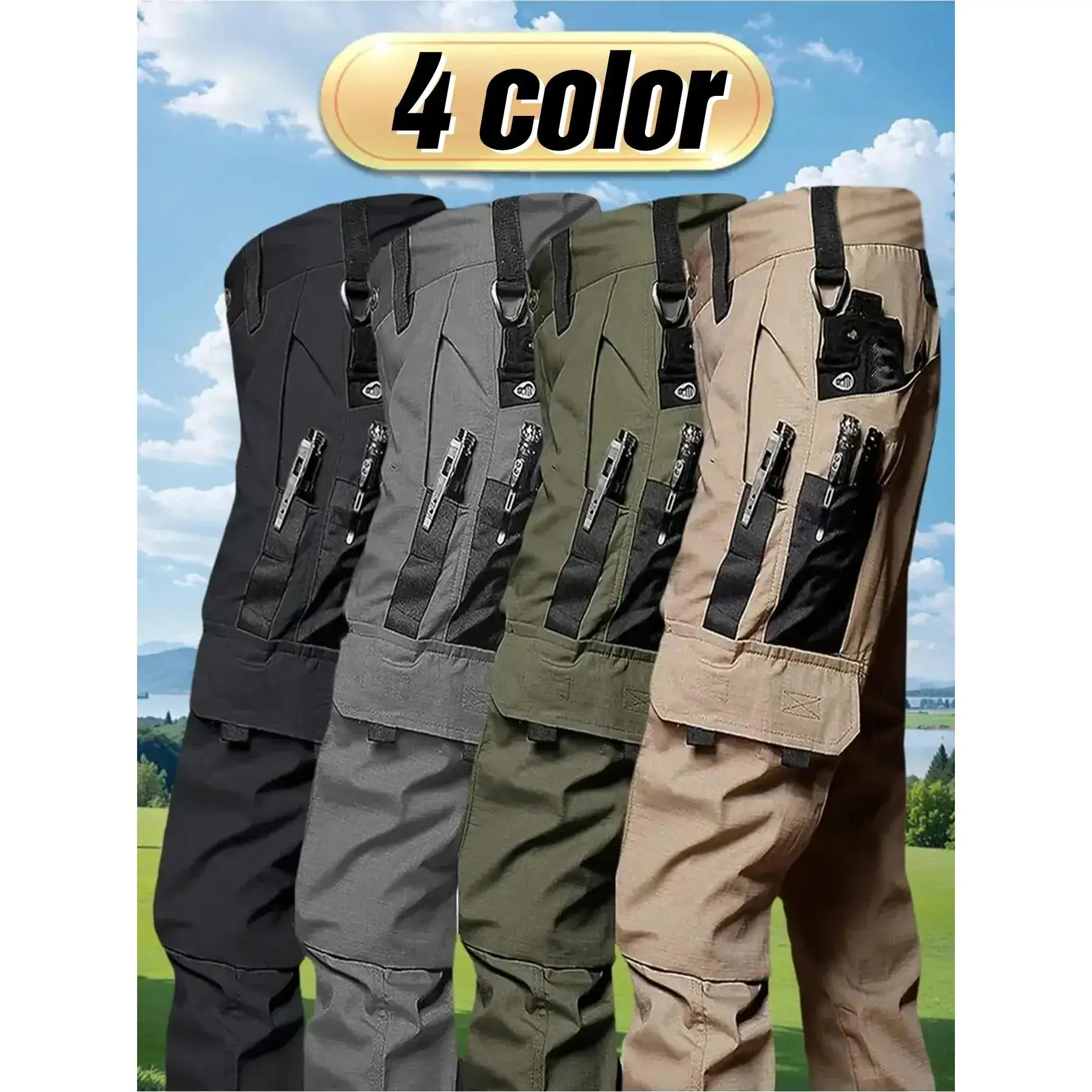 Men's durable outdoor training pants, men's multi-pocket work pants, men's solid color and printed pocket zipper waterproof tactical cargo pants without belt, regular fit sports pocket durable autumn pants.