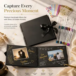 complete diy scrapbook photo album set black kraft spiral memory book with metallic marker pens sticker stencil ribbon for wedding anniversary travel souvenir handmade gift Scrapbooking Kit