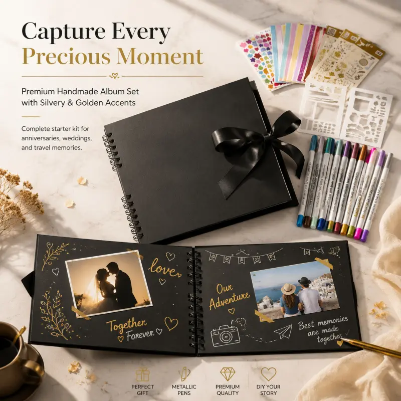 Premium Black Spiral DIY Scrapbook Photo Album Complete Starter Kit With Metallic Markers Stickers Stencils Ribbon Gift Set For Wedding Anniversary Travel Memory