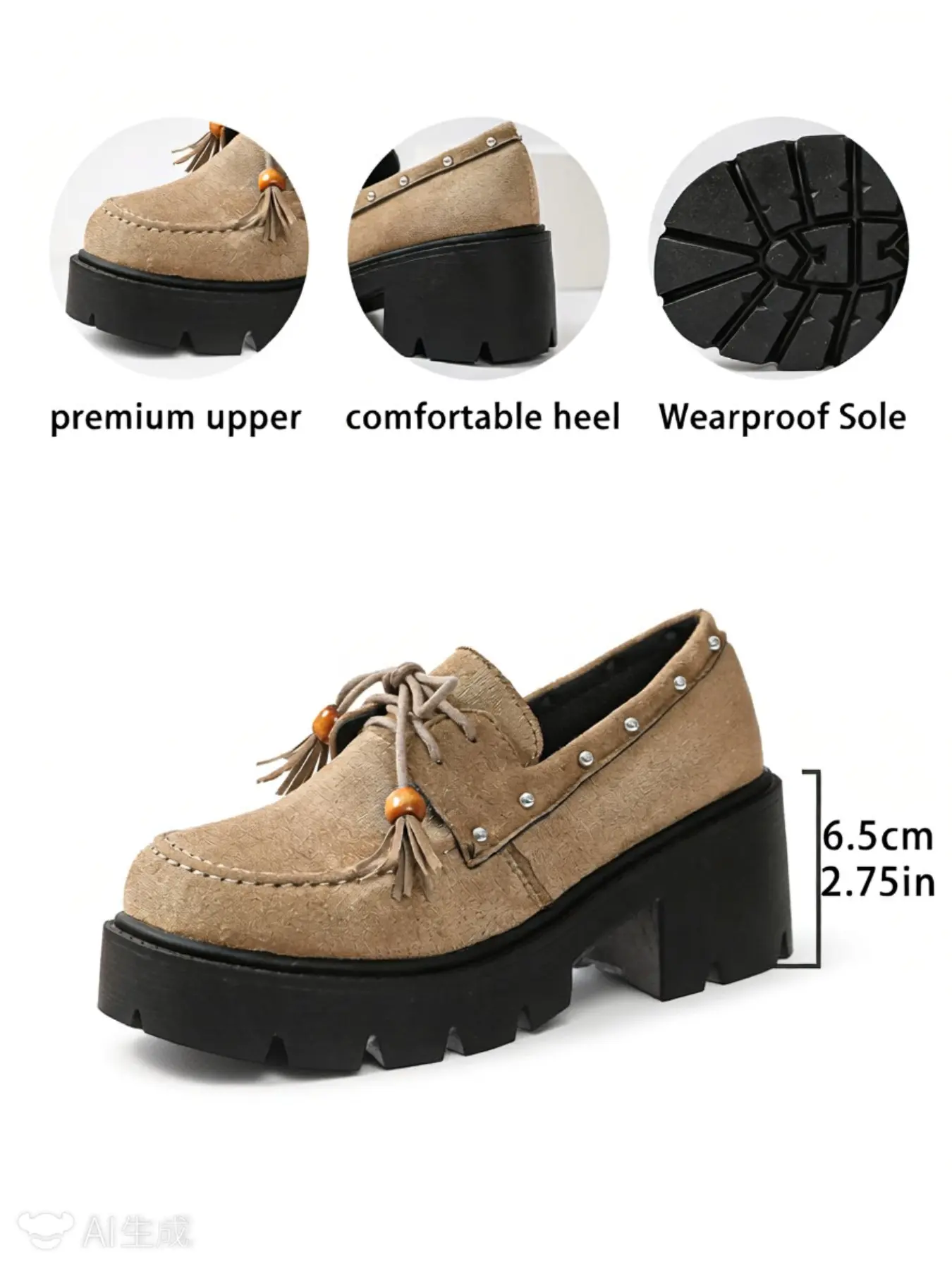 Women Vintage Suede Platform Loafers, Rivet Bow Tassel Chunky Heel, Casual Shoes for Everyday Wear, Stylish and Comfortable Footwear