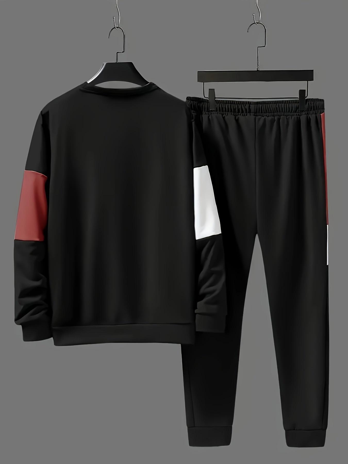 Men's color blocked 2-piece set, casual round neck long sleeved sweatshirt and sweatpants jogging pants set for winter and autumn, men's clothing