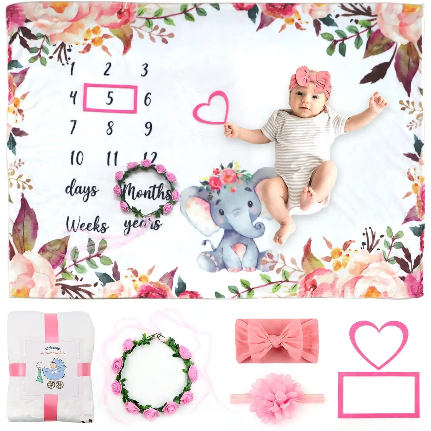 Pink Baby Monthly Milestone Swaddle Blanket 6-Piece Photography Prop Set (60''x40'' Full Wrap Soft Material), Floral Pattern, Headband, Felt Stand, Growth Trackers for Nursery Shower Gifts