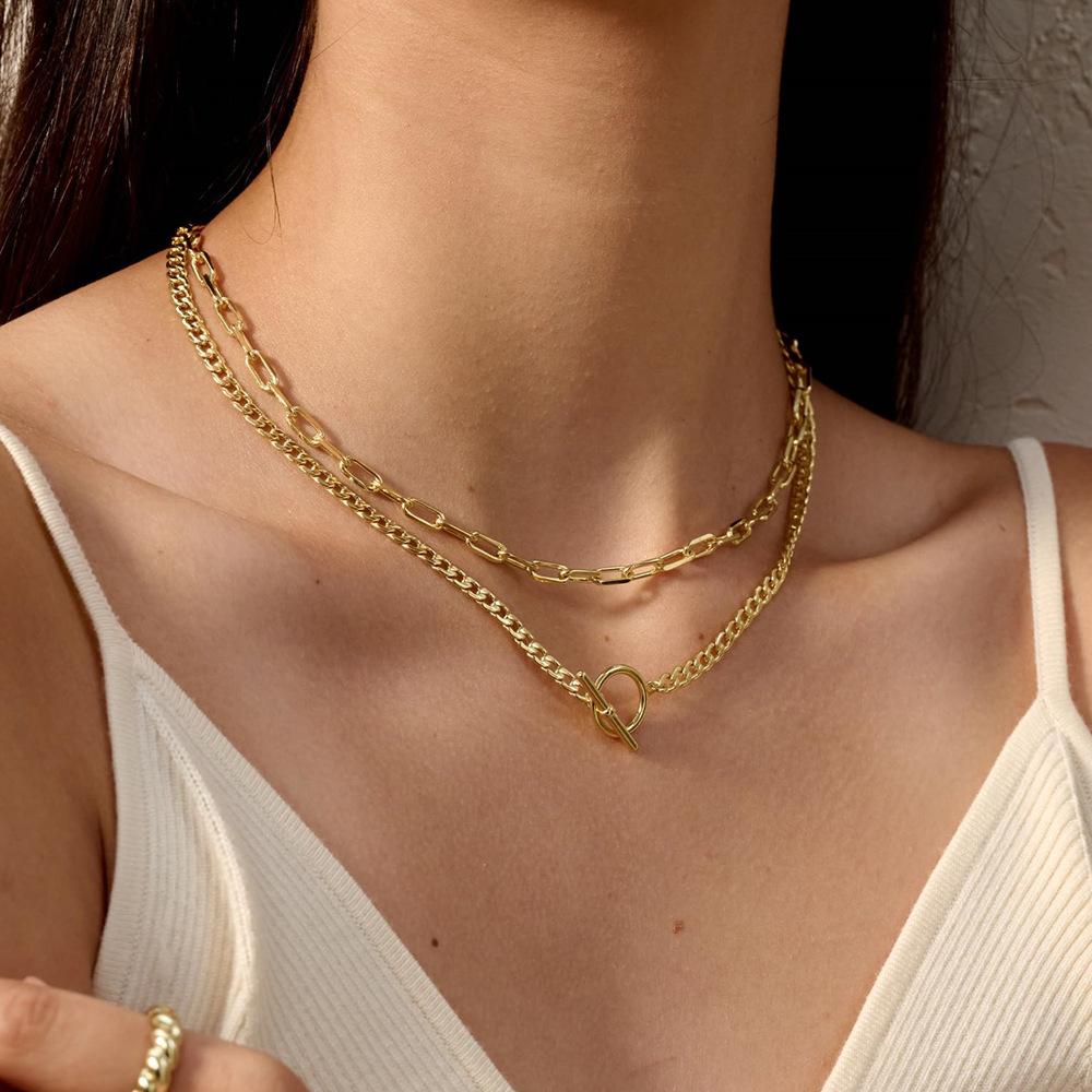 Women's double-layer 14K gold-plated/silver-plated necklace, fashionable Cuban chain with paperclip clasp, suitable for women's daily wear