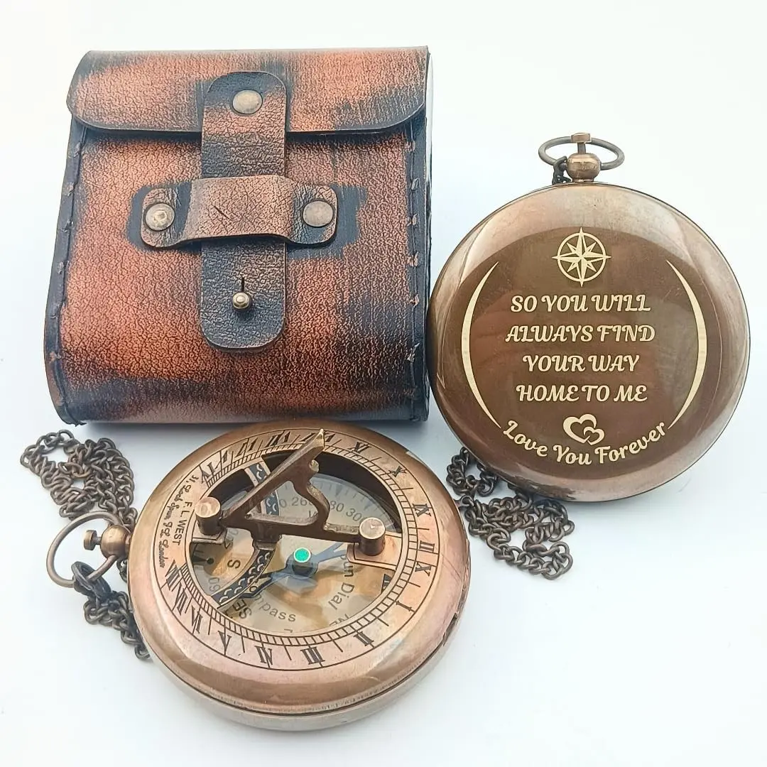 So You Can Always Find Your Way Back to Me - Personalized Sundial Compass - Luxury Gift - Anniversary Sundial Compass - Brass Personalised Gifts for Men with Engraved Message, 3 inch(Gift)
