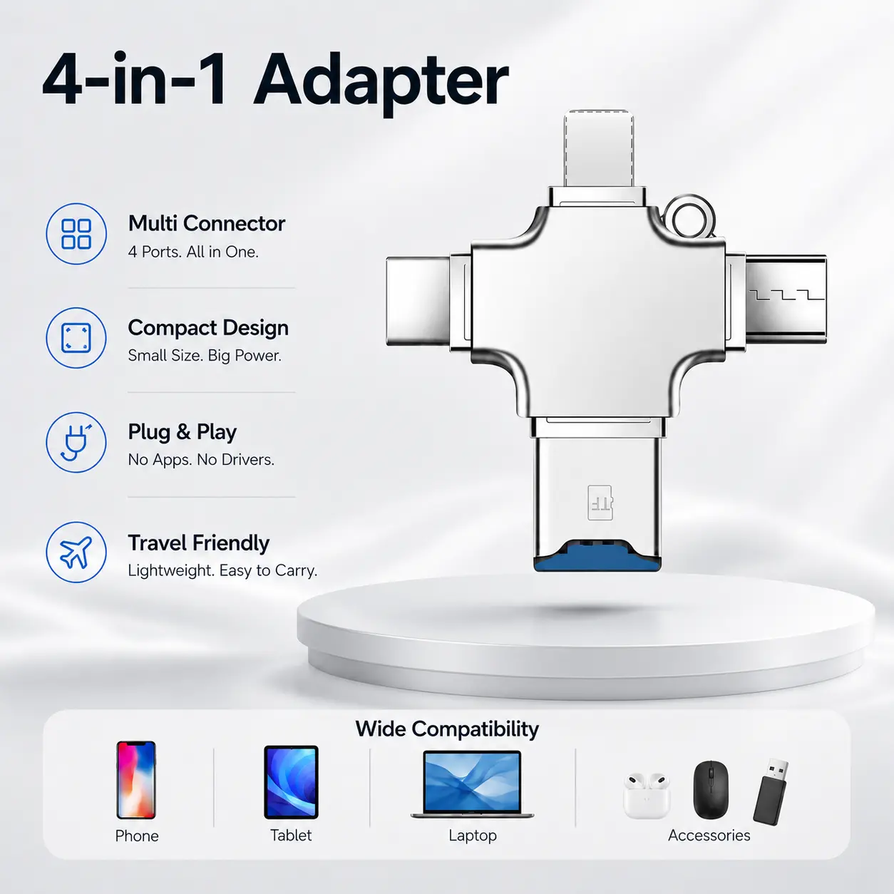 4-in-1 USB-C Hub Adapter - Mini Sized Aluminum Alloy Cross Shape High-Speed Connector, Portable Docking Station with 4 Ports for Multi Device Laptops & Smartphones (Macbook Compatible)