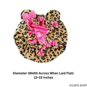 Women's Pink Leopard Print Hair Bonnet, Teddy Plush Silk-Alternative Anti-Frizz Sleep Cap with No-Slip Overnight Protection for Curly, Braided & Natural Haircare