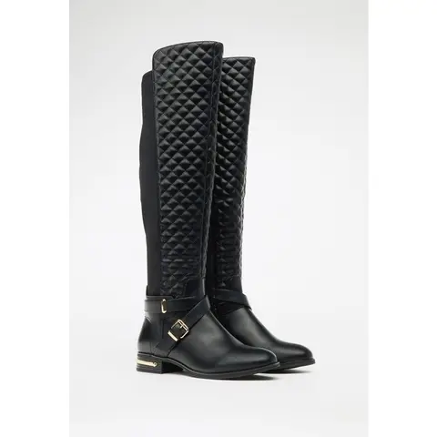 JUSTFAB Women's Knee-High Riding Boots - Synthetic Footwear with PU+Elastic, Quilted Textures, Stretch Panel, Buckle, Side Zipper, Flats for Back to School, Coffee Shop Outings & Everyday Outfits