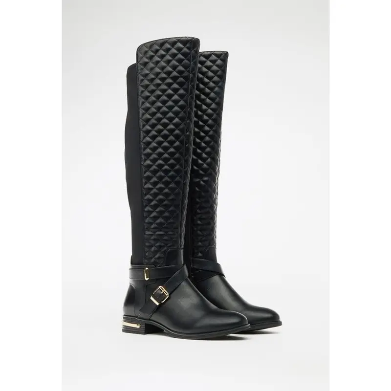 JUSTFAB Women's Knee-High Riding Boots - Synthetic Footwear with PU+Elastic, Quilted Textures, Stretch Panel, Buckle, Side Zipper, Flats for Back to School, Coffee Shop Outings & Everyday Outfits