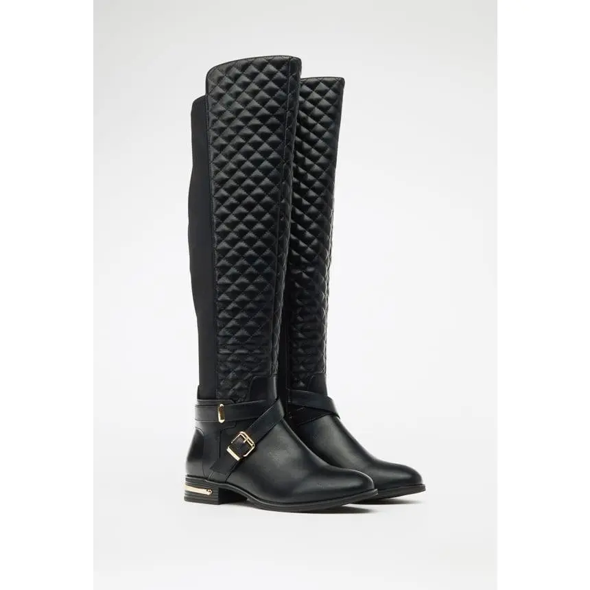 JUST FAB Women's Knee High Riding Boots, Quilted Buckle Flat Boots with Side Zipper, Trendy Fall Boots for Back to School & Everyday Outfits