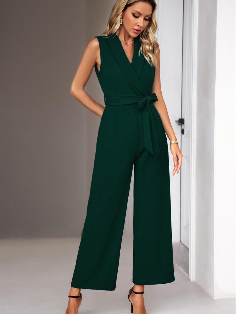 Women's Solid Color Jumpsuit with Belt, Elegant Fashion Casual Jumpsuit for Daily Outdoor Wear, Women Jumpsuits for Spring Fall