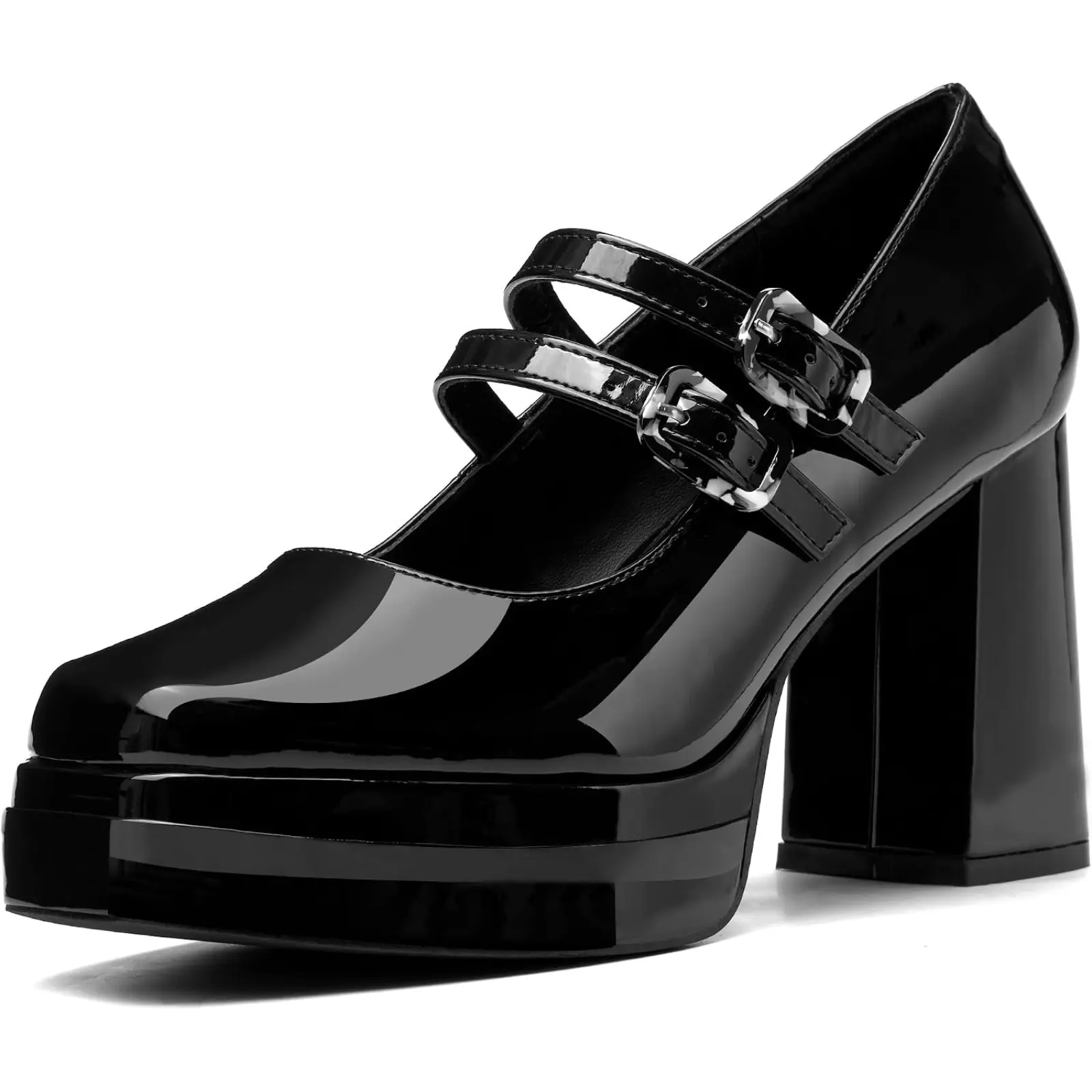 Coutgo Women's Platform Mary Jane Pumps - 2-Strap, Square Toe, Chunky Block Heel Sandals for Parties