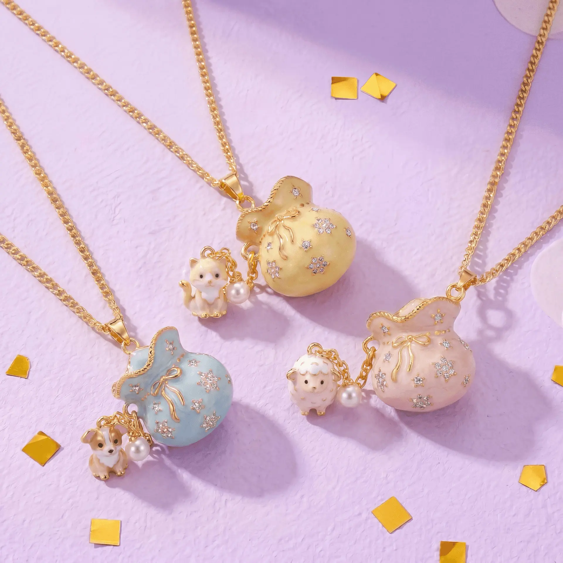 Enamel lucky bag small animal pendant necklace, available in three colors: puppy, kitten, and lamb, cute style accessory