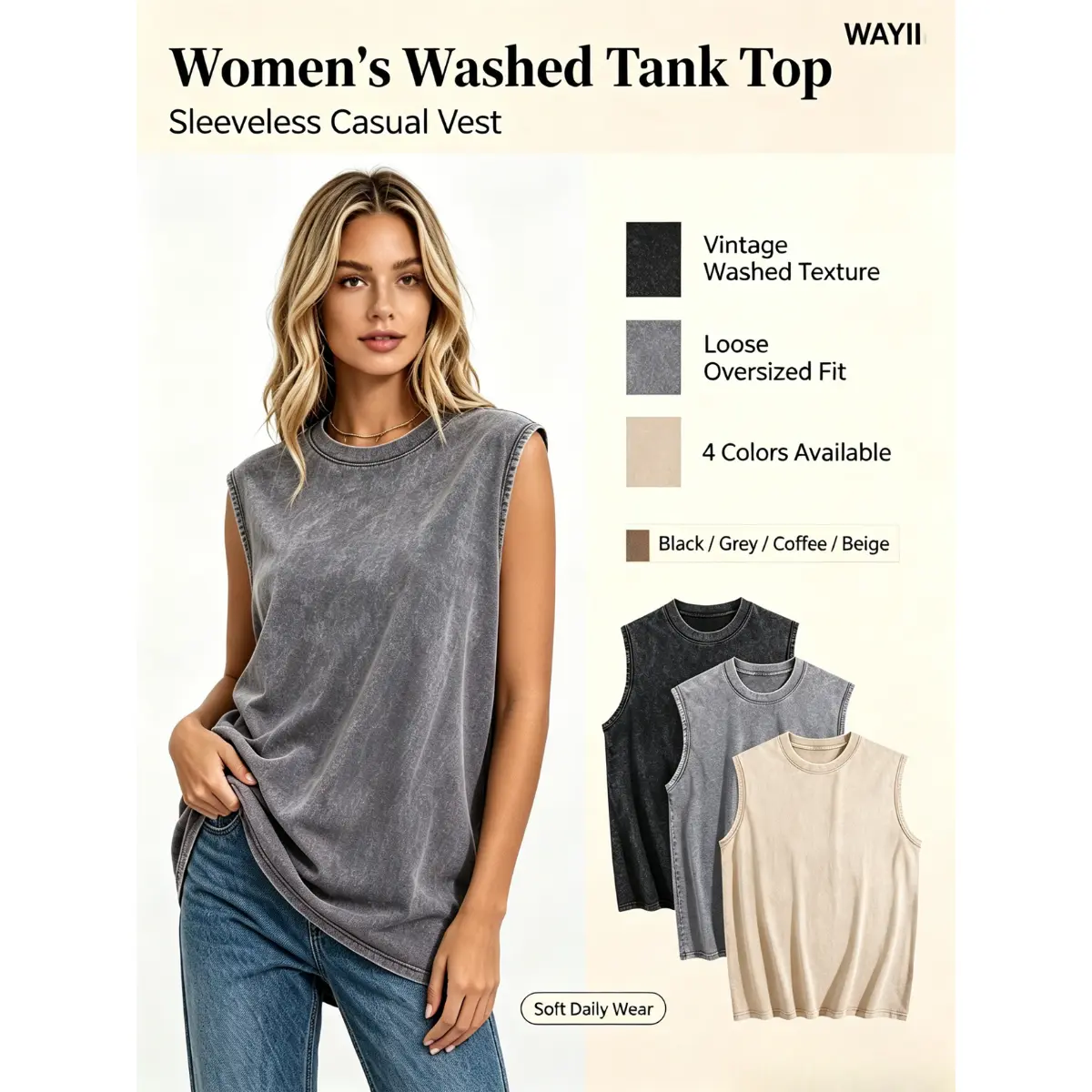 WAYII 3-Pack Women Acid Wash Sleeveless Tank Tops, Breathable Loose Cotton Streetwear Vest for Summer Daily & Gym Wear
