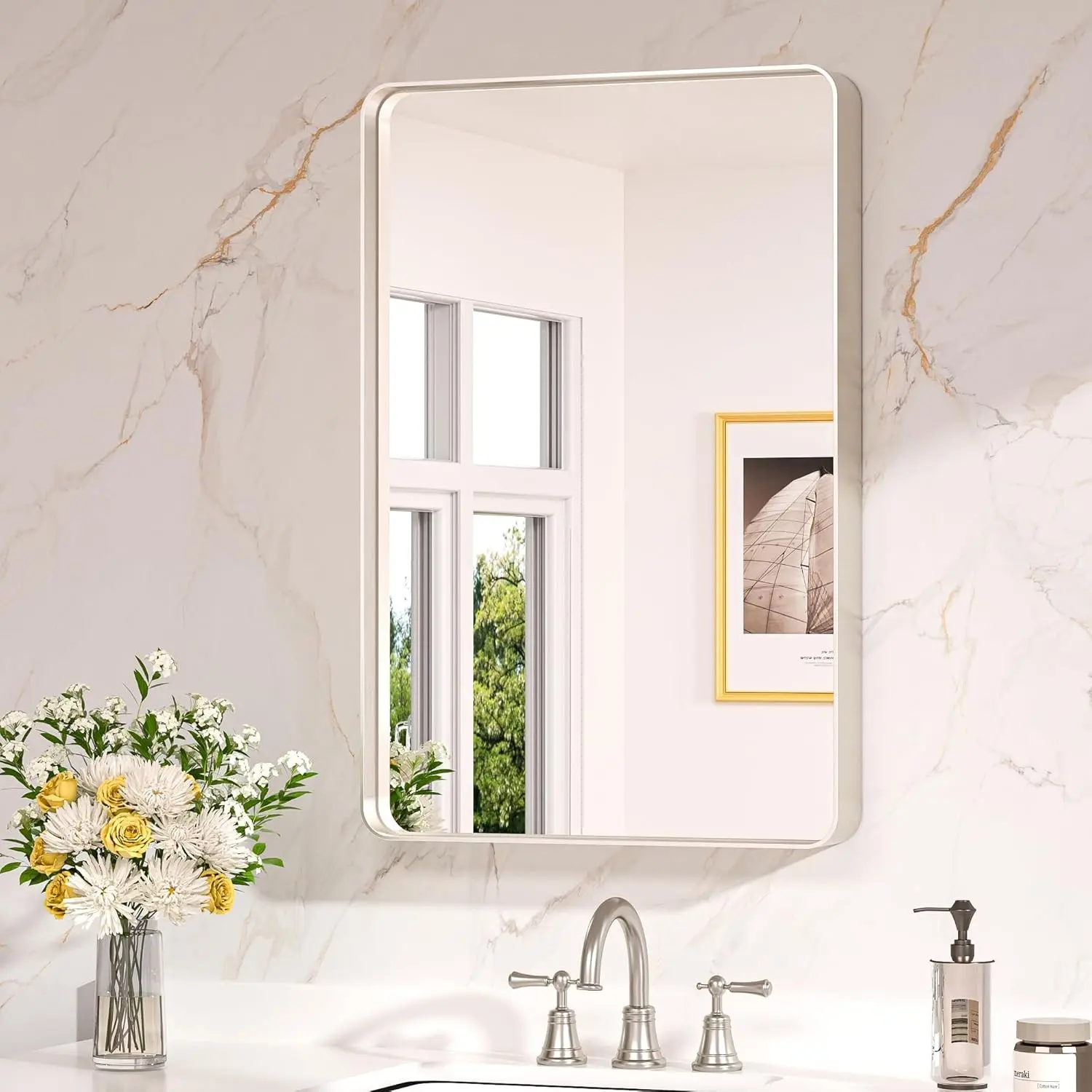 20 x 30 Inch Brushed Nickel Bathroom Mirrors for Over Sink | HD Tempered Glass, Silver Vanity Mirror, Rust-Resistant Aluminum Frame, Rounded Rectangle, French Cleat Mount, Home Décor