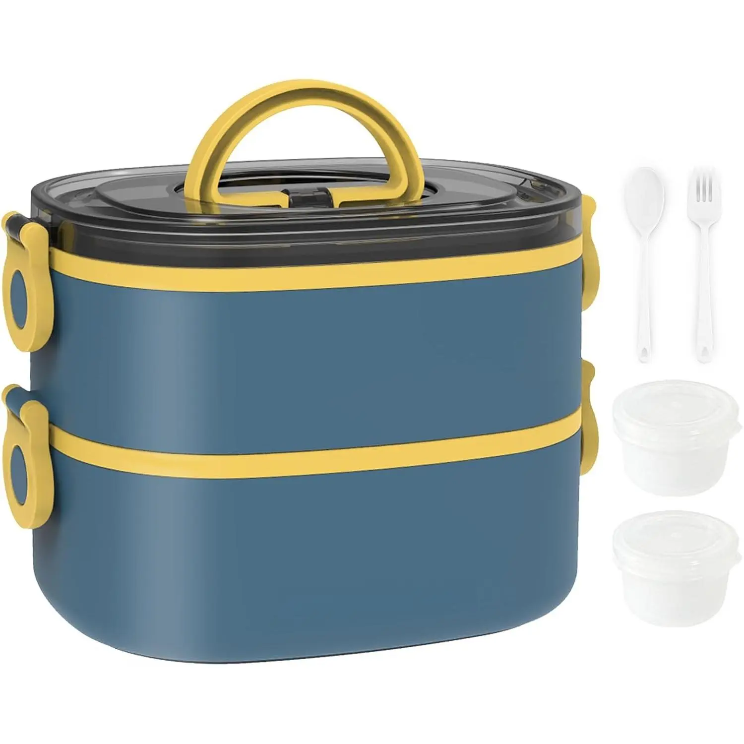 Lunch Box, Stackable 2 Layers Containers, Portable 64OZ Large Capacity Leakproof Bento Box with Spoon & Fork & Sauce Boxes, Microwave Safe Lunch Box for  and Adults