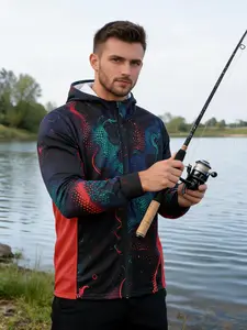 Men's Fish Print Sporty Fitted Jersey, Long Sleeve Breathable Summer Outdoor Clothing, Men's Fishing Apparel, No Button, with Collar