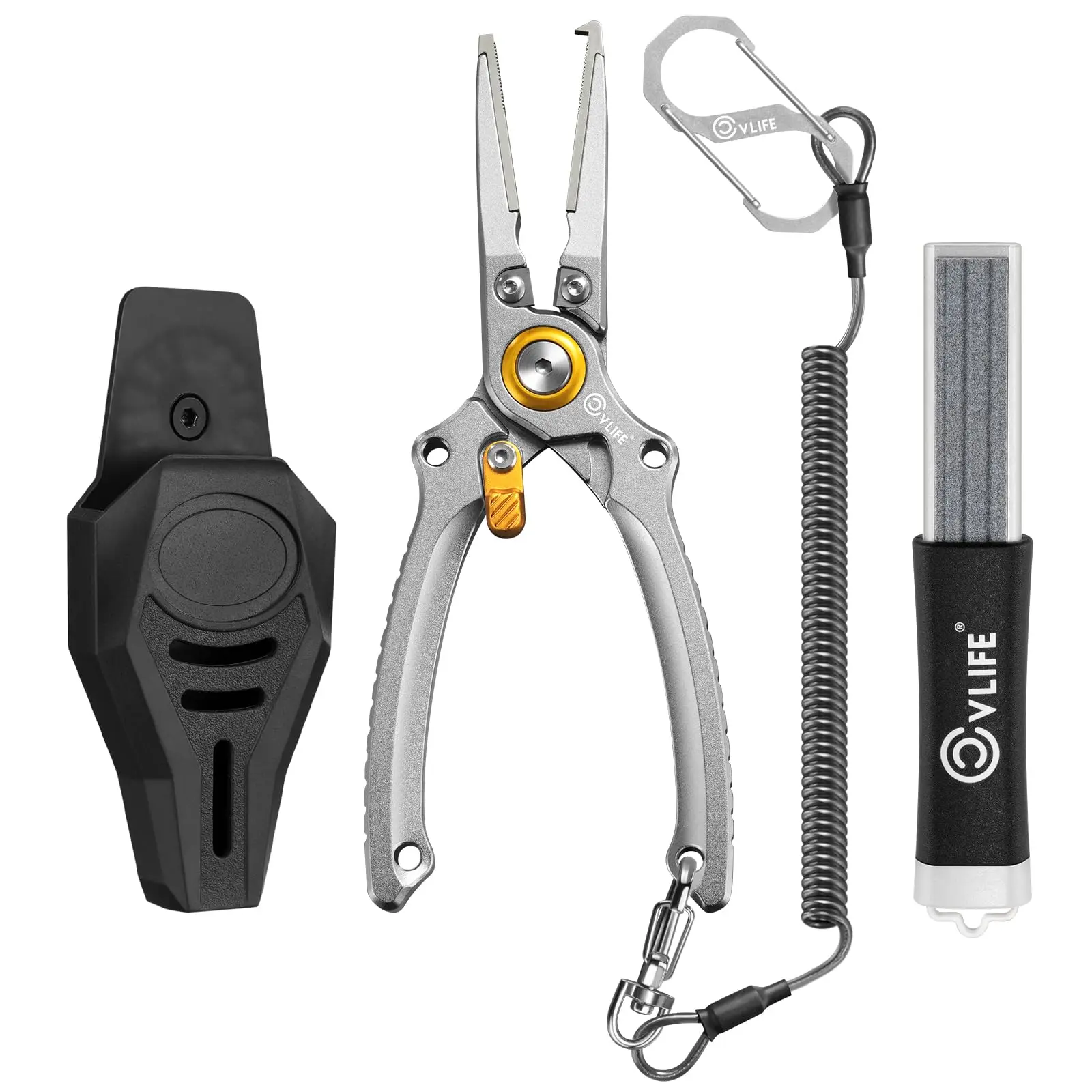 7.5 Inch Aluminum Fishing Pliers Kit, Saltwater Resistant Hook Remover with 17-4 PH Stainless Steel Jaws, Tungsten Cutters, Hook Sharpener, Protective Sheath and S-Carabiner, Multi-Functional Fishing Gear Tools
