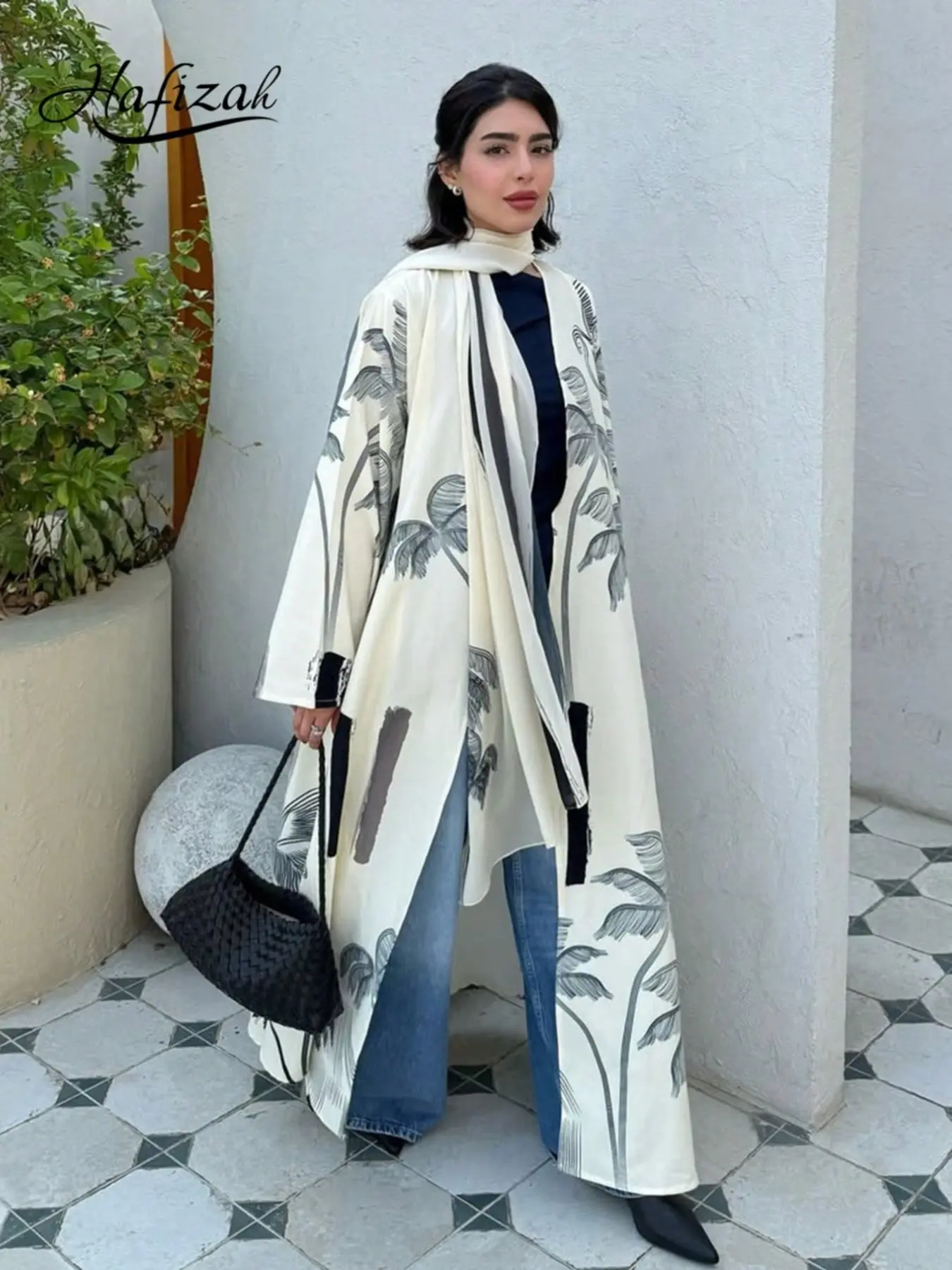 Hafizah Women's Loose-Fit Casual Coconut Tree Print Long Outerwear & Scarf Set for Vacation