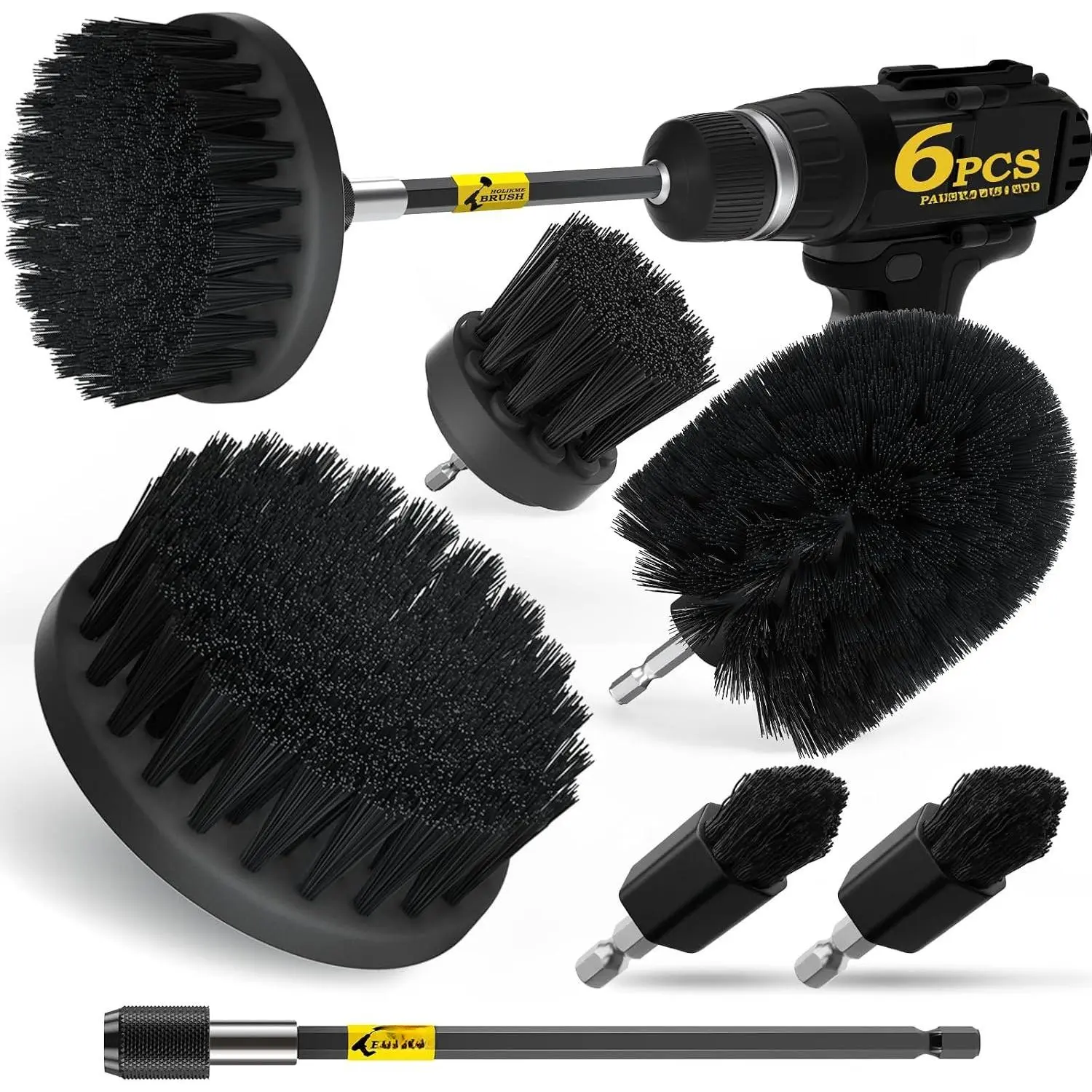 6Pack Drill Brush Power  Cleaning Brush Extended Long Attachment Set  Purpose Drill Scrub Brushes Kit for Grout, Floor, Tub, Shower, Tile, Bathroom Black