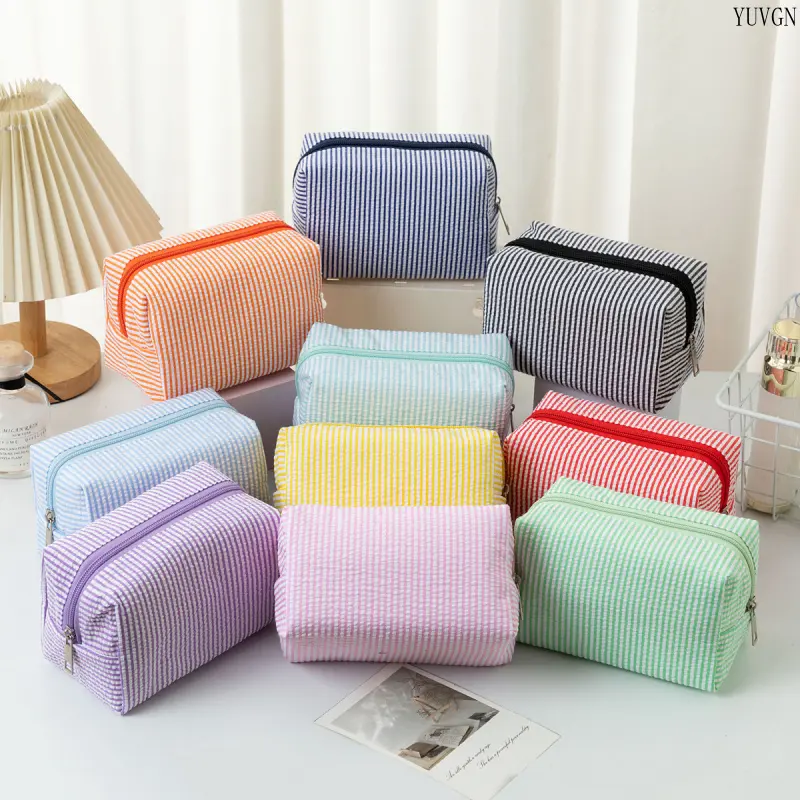 Vertical Striped Seersucker Cosmetic Makeup Bag, Zipper Fabric Storage Pouch, Spacious Portable Multifunctional Stationery Organizer for Teen Girls Students Dorm Travel Desk Decor