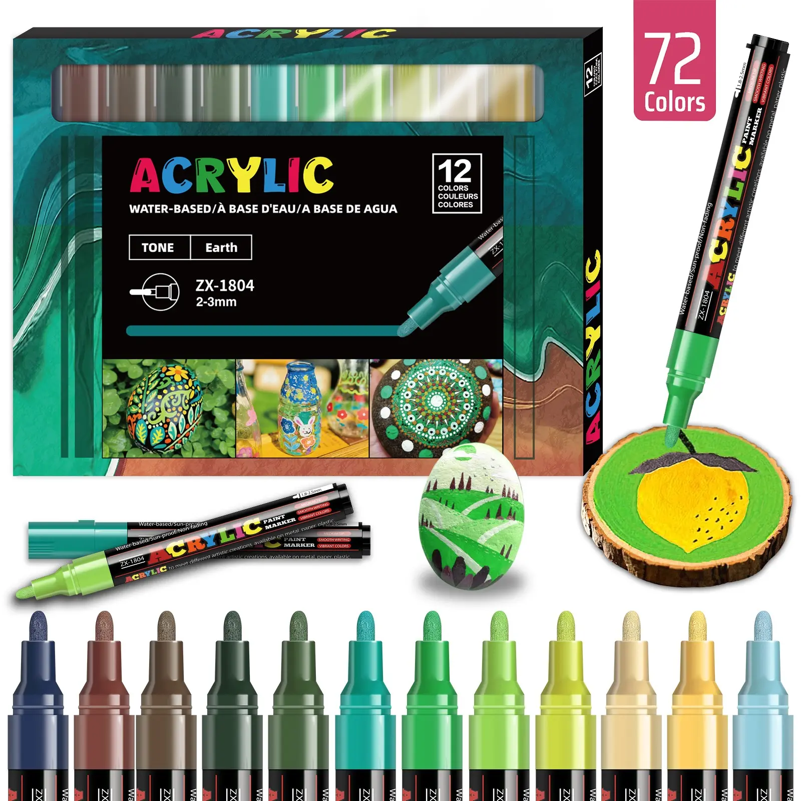 Vibrant Acrylic Marker Set, 72 Colors, Fast-Drying, Non-Blotting, Ideal for Rock Painting, Paper, Skateboard Decor, Wood, Plastic, Canvas