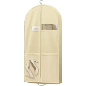 43" Travel Garment Bag with Accessories Zipper Pocket, Heavy Duty Suit Bag  Suits, Tuxedos, Dresses, Coats, Beige, 1 pack