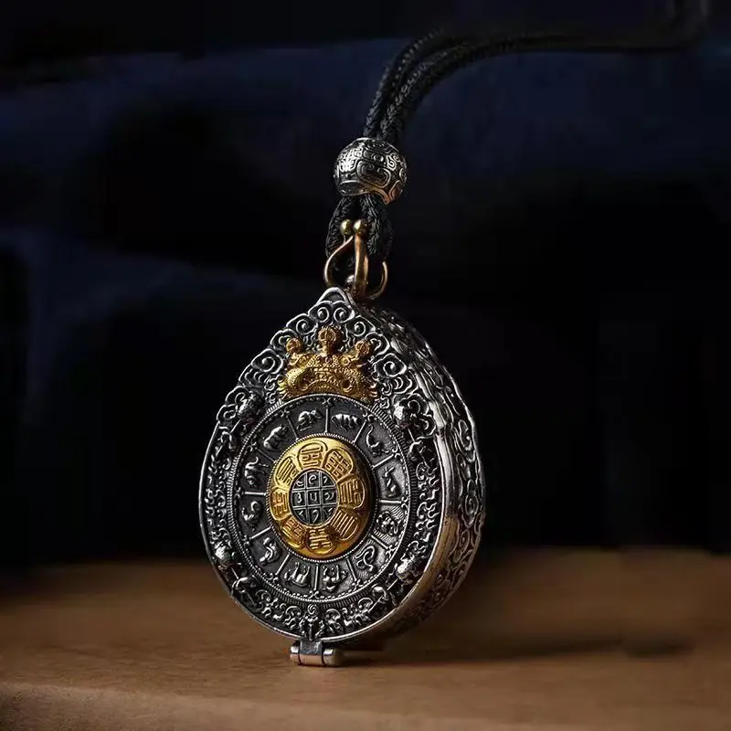 Vintage Silver Geometric Jiugong Bagua Buddha Pendant Long Pu Leather Necklace, Female Elegant Statement Costume Jewelry, Birthday Gift for Her