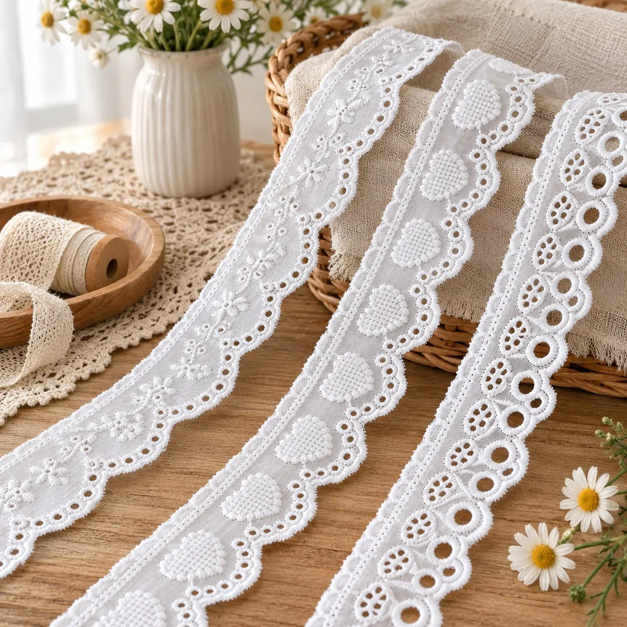 White Eyelet Lace Trim, 1/3 Yards | Floral Scalloped, Sewing Ribbon,Soft Breathable Finished Edge Easy to Sew for DIY Crafts Sewing Knit